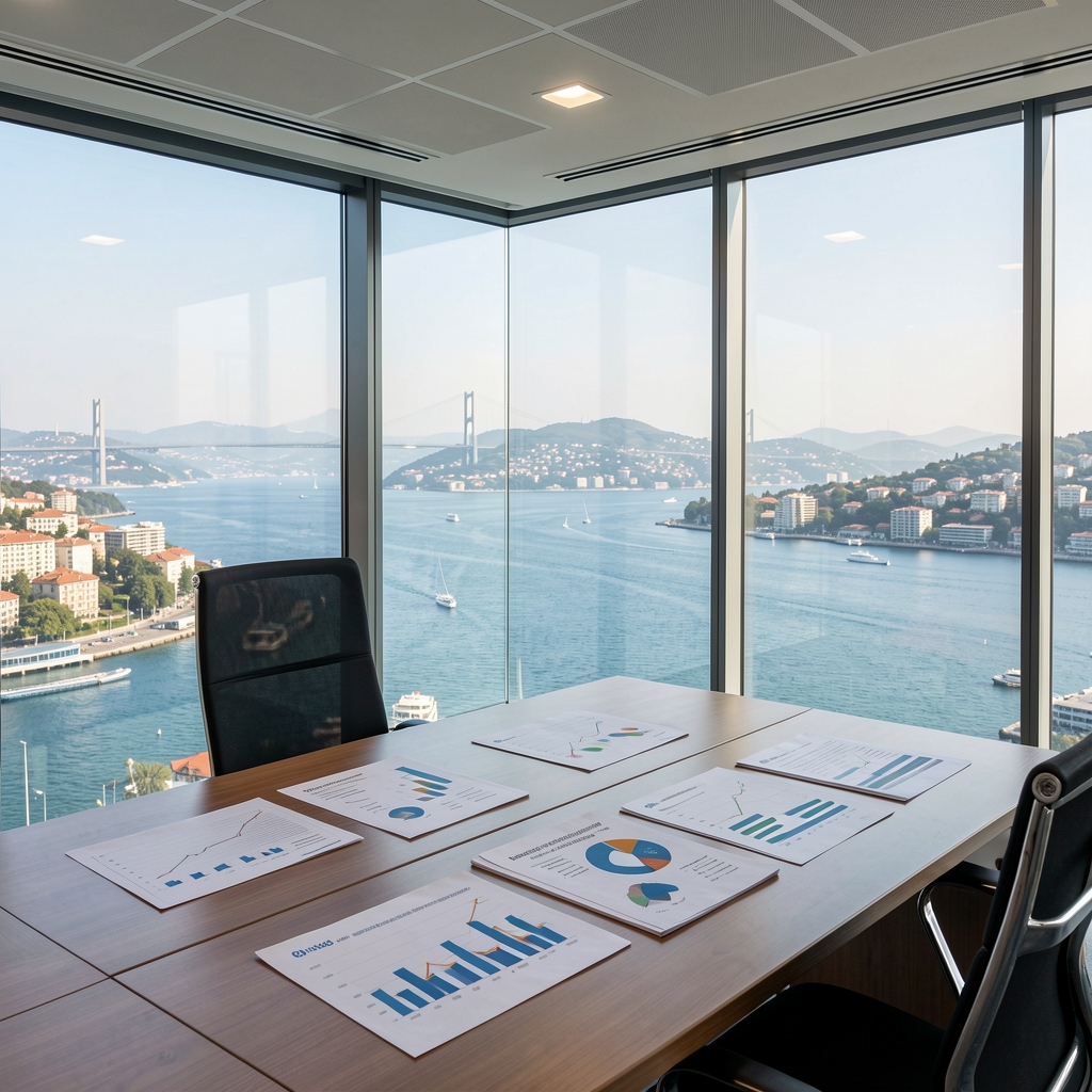 Finansal analiz sırasında büyük cam pencereli modern ofis, İstanbul Boğazı manzarası, masada grafik raporlar