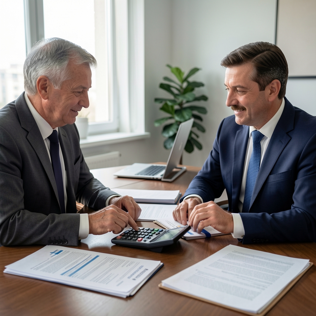 Emeklilik planlaması - kıdemli çift masa başında finansal belgeler ve hesap makinesiyle çalışıyor
