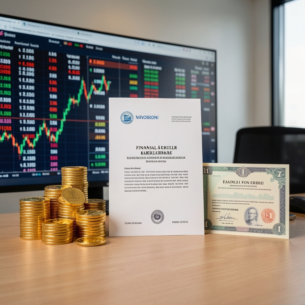Finansal araçlar ve yatırım enstrümanları — borsa ekranları, altın çubuklar ve tahvil sertifikaları masada