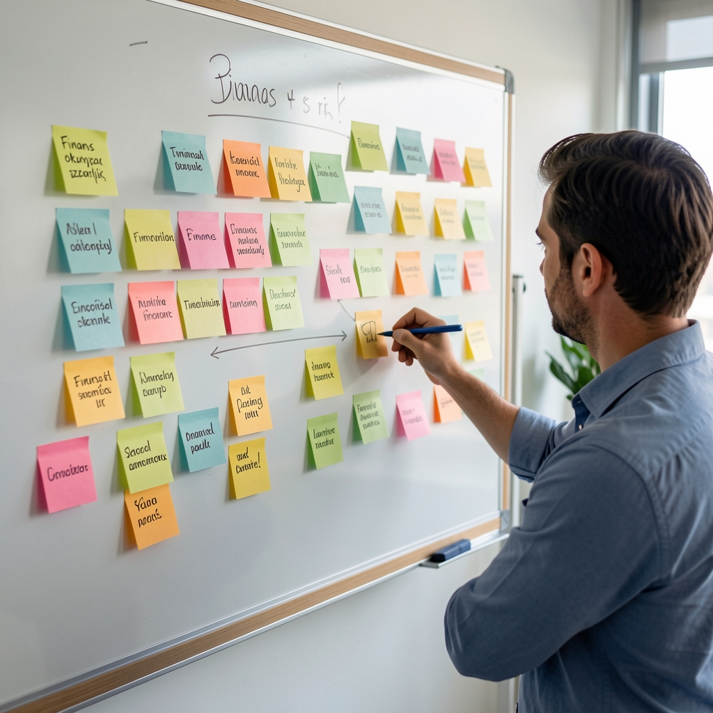 Finansal okuryazarlık konsepti - renkli post-it notları ve finans terimleri yazılı bir tahta üzerinde çalışan kişi