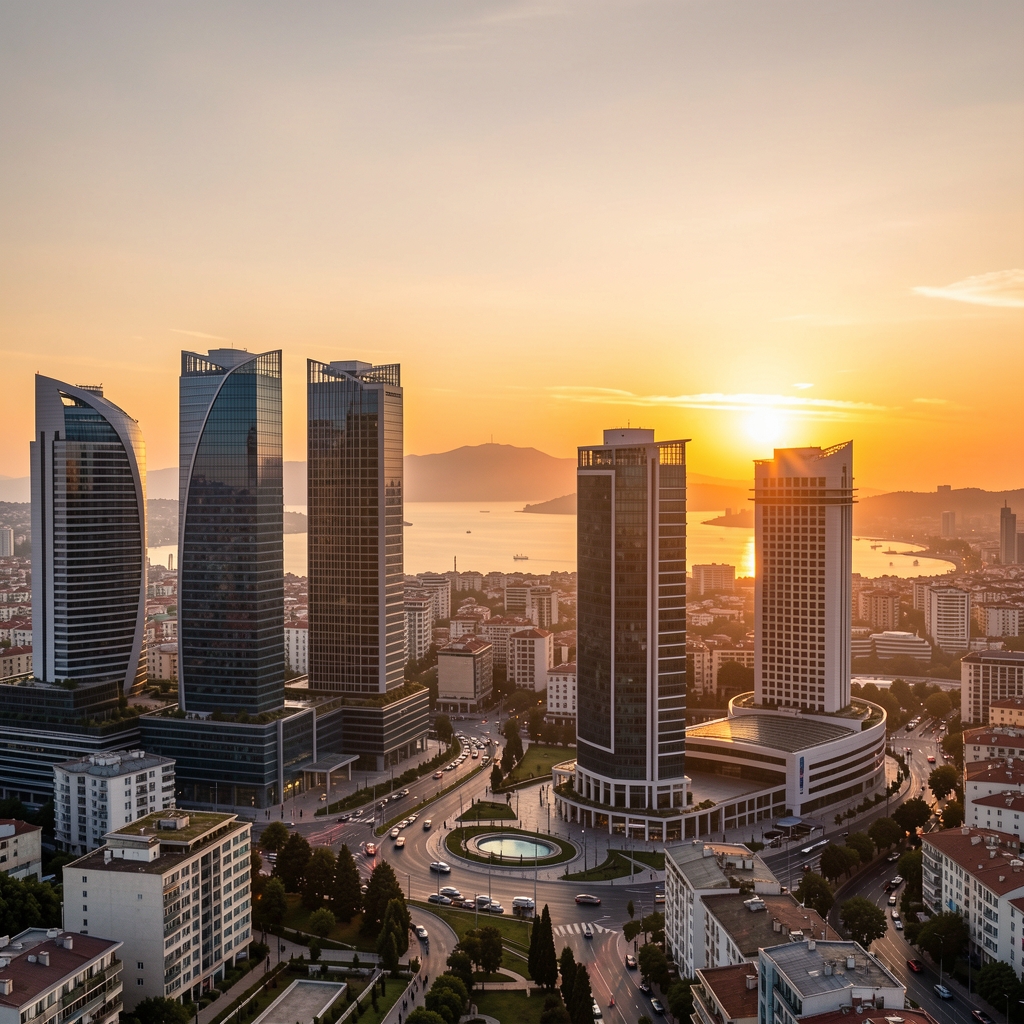 İstanbul finans bölgesi modern binaları ile güneş batışı, uzaktan görünüm - Levent iş merkezi silueti