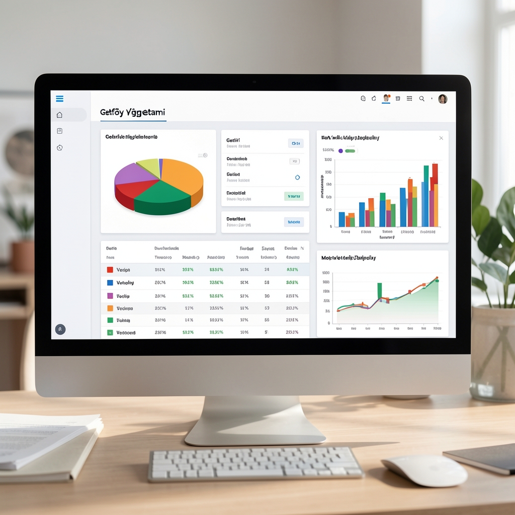 Portföy yönetimi dashboard - bilgisayar ekranında pasta grafik, getiri tabloları ve çoklu varlık sınıfı dağılım analizi