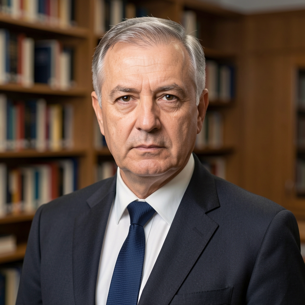Orta yaşlı erkek vergi uzmanı, kütüphane arka planı önünde ciddi ifadeli profesyonel portré